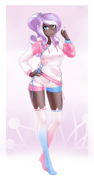 Size: 1308x2560 | Tagged: safe, alternate version, artist:slackerburst, derpibooru import, diamond tiara, human, alternate hairstyle, boots, cigarette, clothes, commission, dark skin, hoodie, humanized, image, older, older diamond tiara, png, shoes, shorts, smoking, socks, solo, stockings, thigh highs