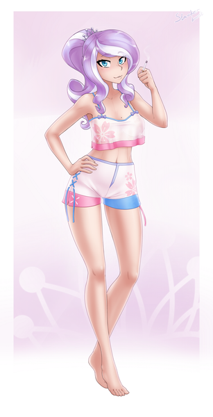 Size: 1308x2560 | Tagged: safe, alternate version, artist:slackerburst, derpibooru import, diamond tiara, human, alternate hairstyle, barefoot, belly button, bra, cigarette, clothes, commission, crop top bra, feet, humanized, image, midriff, older, older diamond tiara, png, shorts, smoking, solo, underwear