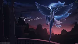 Size: 1500x844 | Tagged: safe, artist:terithes, derpibooru import, princess luna, anthro, unguligrade anthro, balcony, butt, disproportional anatomy, huge butt, image, large butt, large wings, long legs, moon, night, png, solo, tiny torso, wings