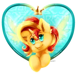 Size: 841x830 | Tagged: safe, artist:hemastral, derpibooru import, sunset shimmer, pony, blushing, bust, crown, cute, ear fluff, heart, heart eyes, image, jewelry, leg fluff, png, portrait, regalia, shimmerbetes, solo, wingding eyes, wings