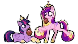 Size: 1745x981 | Tagged: safe, artist:ximsketchs, derpibooru import, princess cadance, twilight sparkle, twilight sparkle (alicorn), alicorn, pony, basket, crown, duo, female, heart, hoof shoes, image, jewelry, lying down, mare, mouth hold, no pupils, png, prone, regalia, sisters-in-law