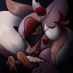 Size: 1123x1124 | Tagged: grimdark, artist:arume_lux, derpibooru import, oc, oc:efflorescence, pony, alternate eye color, blood, fangs, female, flower, forked tongue, halloween, holiday, image, knife, mare, png, rose, solo