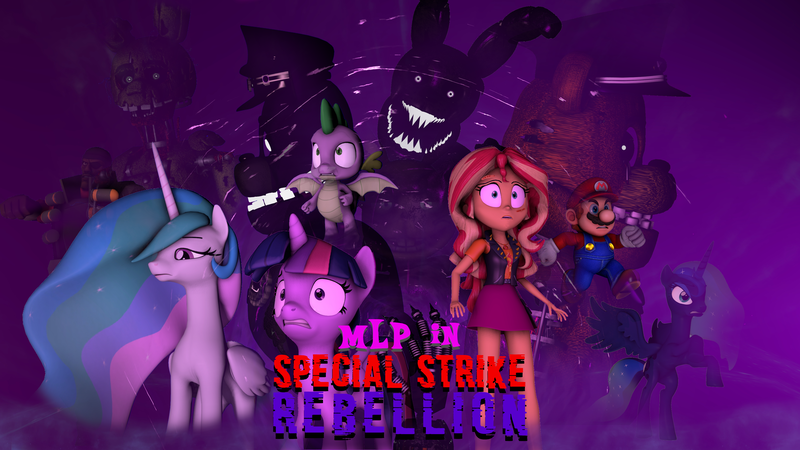 Size: 3840x2160 | Tagged: safe, artist:fazbearsparkle, derpibooru import, princess celestia, princess luna, spike, sunset shimmer, alicorn, dragon, pony, comic:mlp in special strike rebellion, equestria girls, 3d, crossover, demoman, five nights at freddy's, glitchtrap, golden freddy, image, mario, png, qxr, shadow bonnie, shadow freddy, shadow general, source filmmaker, springtrap, super mario bros., team fortress 2, the chief (animatronic), the special strike, the special strike rebellion, thehottest dog, winged spike, wings