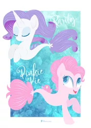 Size: 4624x6472 | Tagged: safe, artist:illumnious, derpibooru import, pinkie pie, rarity, earth pony, pony, seapony (g4), unicorn, blue eyes, blue mane, colored pupils, dorsal fin, eyes closed, female, fish tail, flowing mane, flowing tail, horn, image, open mouth, pink mane, png, seaponified, seapony pinkie pie, seapony rarity, simple background, smiling, species swap, swimming, tail, underwater, water