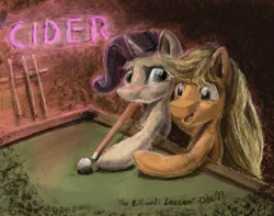 Size: 1024x806 | Tagged: safe, artist:obsequiosity, derpibooru import, applejack, rarity, earth pony, pony, unicorn, billiards, female, game, image, implied lesbian, implied rarijack, implied shipping, png, pool table