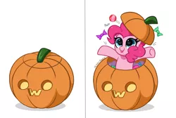 Size: 6183x4144 | Tagged: safe, artist:kittyrosie, derpibooru import, pinkie pie, earth pony, pony, absurd resolution, blushing, candy, cute, diapinkes, food, halloween, hiding, holiday, image, lollipop, open mouth, owo, png, pumpkin, simple background, white background