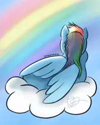 Size: 800x1000 | Tagged: safe, artist:kalabash92, derpibooru import, rainbow dash, pegasus, pony, cloud, female, from behind, image, jpeg, lying down, lying on a cloud, mare, on a cloud, rainbow, side, signature, solo