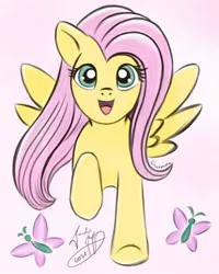 Size: 720x900 | Tagged: safe, artist:kalabash92, derpibooru import, fluttershy, butterfly, insect, pegasus, pony, cute, female, image, jpeg, looking at you, mare, raised hoof, shyabetes, signature, simple background, smiling, solo, spread wings, wings