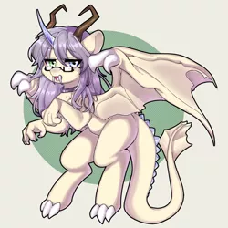 Size: 1326x1324 | Tagged: safe, artist:yaya, derpibooru import, oc, oc:sharlight twiler, unofficial characters only, dracony, dragon, hybrid, claws, crystal horn, dracony oc, female, glasses, horn, image, jewelry, jpeg, looking at you, multicolored eyes, necklace, open mouth, purple mane, solo, wings