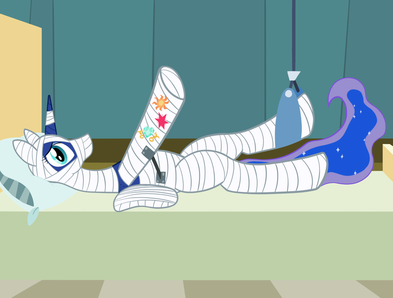 Size: 2048x1556 | Tagged: safe, artist:wingcommanderrudoji, derpibooru import, princess luna, alicorn, pony, bed, body cast, broken bone, cast, hospital bed, image, injured, looking at you, medical bondage, parody, png, ponyville hospital, sling, solo, traction