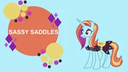 Size: 4400x2475 | Tagged: safe, artist:koolfrood, derpibooru import, edit, editor:quoterific, vector edit, sassy saddles, pony, unicorn, board, female, high res, image, mare, png, simple background, solo, text, vector, wallpaper