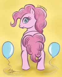 Size: 720x900 | Tagged: safe, artist:kalabash92, derpibooru import, part of a set, pinkie pie, earth pony, pony, abstract background, balloon, image, jpeg, looking at you, looking back, looking back at you, rear view, solo