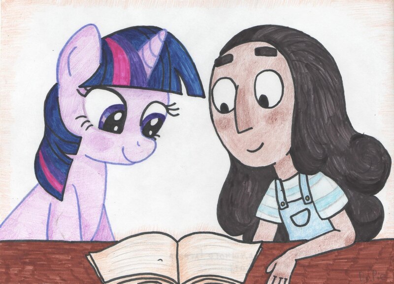 Size: 2560x1849 | Tagged: safe, artist:garrett-strangelove, derpibooru import, twilight sparkle, human, pony, unicorn, book, connie maheswaran, crossover, duo, human and pony, image, jpeg, reading, steven universe, traditional art, unicorn twilight