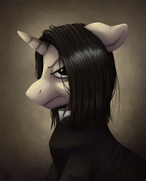 Size: 2080x2580 | Tagged: safe, artist:garrett-strangelove, derpibooru import, ponified, pony, unicorn, bust, clothes, harry potter, image, jpeg, male, portrait, profile, severus snape, solo, stallion, stern