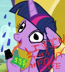 Size: 651x719 | Tagged: safe, derpibooru import, edit, edited screencap, screencap, twilight sparkle, 1000 hours in ms paint, album cover, hashtag, image, money, png, rain, text, tongue out, wide eyes