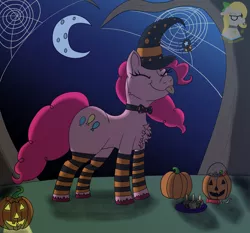 Size: 2064x1923 | Tagged: safe, artist:gray star, derpibooru import, candy apples, pinkie pie, apple family member, bowtie, candy, clothes, derpibooru exclusive, food, halloween, holiday, image, jack-o-lantern, leggings, png, pumpkin, spider web, witch costume