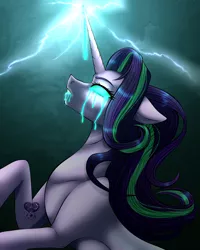 Size: 2560x3200 | Tagged: safe, artist:flabight568, derpibooru import, starlight glimmer, pony, unicorn, black background, blank eyes, crepuscular rays, eyelashes, female, flowing mane, glow, glowing eyes, glowing horn, horn, image, logo, looking up, magic, magic aura, png, purple mane, simple background, solo, teeth