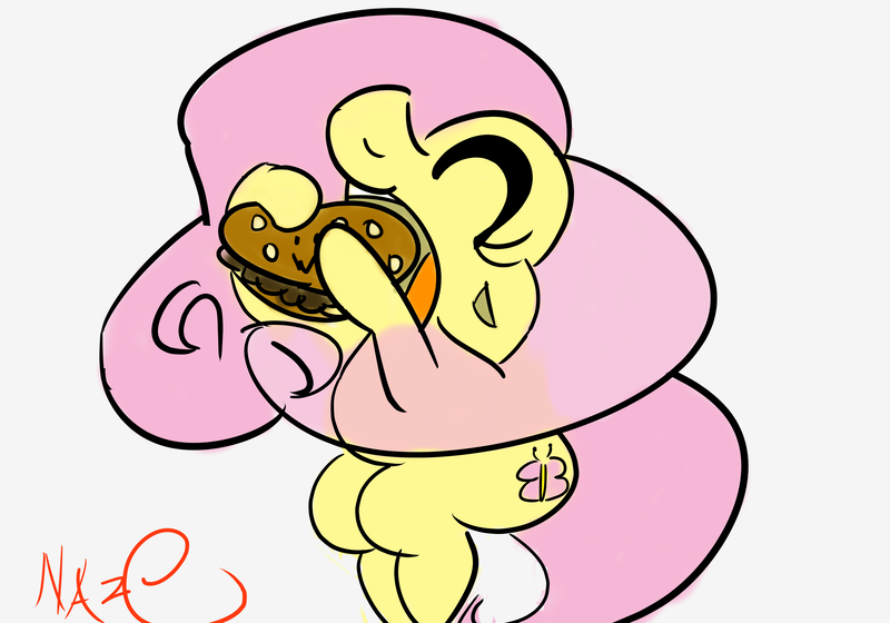 Size: 3500x2450 | Tagged: safe, artist:nazodafist, derpibooru import, fluttershy, pegasus, pony, eyes closed, food, image, mcdonald's, mcrib, meat, png, ponies eating meat, solo