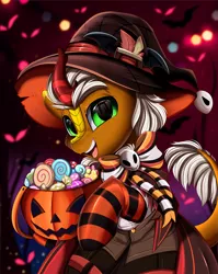 Size: 2550x3209 | Tagged: safe, artist:pridark, derpibooru import, kirin oc, oc, unofficial characters only, kirin, bow, candy, clothes, commission, costume, food, halloween, halloween costume, hat, holiday, image, png, pumpkin, pumpkin bucket, socks, solo, striped socks, witch hat, ych result