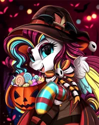 Size: 2550x3209 | Tagged: safe, artist:pridark, derpibooru import, oc, unofficial characters only, pegasus, pony, bow, candy, clothes, commission, costume, food, halloween, halloween costume, hat, holiday, image, pegasus oc, png, pumpkin, pumpkin bucket, socks, solo, striped socks, wings, witch hat, ych result