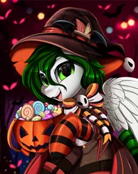 Size: 2550x3209 | Tagged: safe, artist:pridark, derpibooru import, oc, unofficial characters only, pegasus, pony, bow, candy, clothes, commission, costume, food, halloween, halloween costume, hat, holiday, image, pegasus oc, png, pumpkin, pumpkin bucket, socks, solo, striped socks, wings, witch hat, ych result