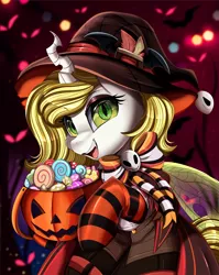 Size: 2550x3209 | Tagged: safe, artist:pridark, derpibooru import, oc, unofficial characters only, changeling, bow, candy, changeling oc, clothes, commission, costume, food, halloween, halloween costume, hat, holiday, image, png, pumpkin, pumpkin bucket, socks, solo, striped socks, witch hat, ych result