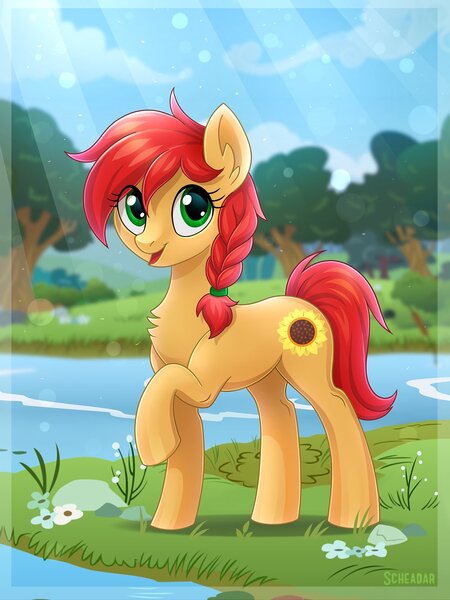 Size: 1000x1333 | Tagged: safe, artist:scheadar, derpibooru import, oc, unofficial characters only, earth pony, pony, braid, chest fluff, image, jpeg, scenery, sky, solo, tree, water