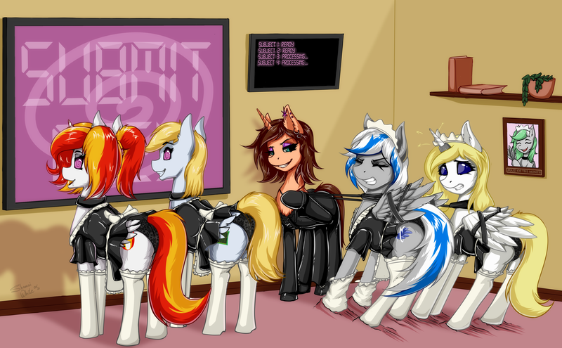 Size: 1746x1080 | Tagged: questionable, artist:shamziwhite, derpibooru import, oc, oc:chloe adore, alicorn, earth pony, pegasus, pony, unicorn, bedroom eyes, bondage, bound wings, brainwashing, clothes, collar, domination, dragging, drool, eyes closed, french maid, grin, gritted teeth, hypnosis, image, latex, latex suit, leash, maid, open mouth, panties, png, smiling, socks, stockings, swirly eyes, thigh highs, underwear, wings