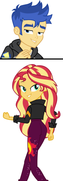 Size: 1919x5445 | Tagged: safe, artist:jucamovi1992, artist:keronianniroro, derpibooru import, edit, flash sentry, sunset shimmer, best trends forever, equestria girls, equestria girls series, sunset's backstage pass!, spoiler:eqg series (season 2), absurd resolution, ass, bedroom eyes, bunset shimmer, butt, clothes, cute, cutie mark, cutie mark on clothes, diasentres, faic, feels like i'm wearing nothing at all, female, flashimmer, image, jacket, jeans, like what you see?, looking back, male, music festival outfit, pants, png, shipping, simple background, smiling, straight, transparent background, vector