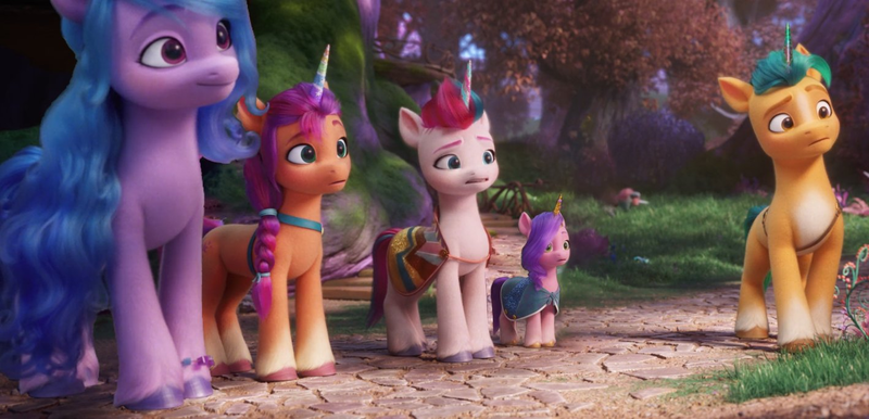 Size: 1418x684 | Tagged: safe, derpibooru import, edit, edited screencap, screencap, hitch trailblazer, izzy moonbow, pipp petals, sunny starscout, zipp storm, my little pony: a new generation, spoiler:my little pony: a new generation, g5, image, mane five (g5), png, wat