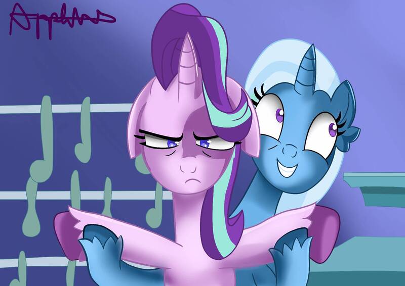 Size: 1754x1240 | Tagged: safe, artist:nanofam, derpibooru import, starlight glimmer, trixie, pony, unicorn, all bottled up, angry, female, floppy ears, image, jpeg, scene interpretation, starlight is not amused, trixie's puppeteering, unamused