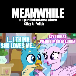 Size: 500x501 | Tagged: safe, derpibooru import, edit, edited screencap, screencap, gallus, silverstream, classical hippogriff, gryphon, hippogriff, the hearth's warming club, dialogue, female, gallstream, image, jewelry, jpeg, male, necklace, pierogi, poland, polish, shipping, straight, text