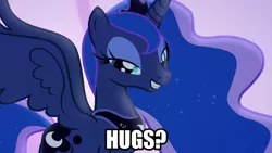 Size: 1192x670 | Tagged: safe, derpibooru import, edit, edited screencap, editor:jaredking203, screencap, princess luna, alicorn, pony, season 6, to where and back again, caption, female, hug request, image, jpeg, mare, solo, text