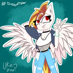 Size: 1280x1280 | Tagged: safe, artist:ukedideka, derpibooru import, oc, oc:lumen afterglow, anthro, pegasus, bracelet, clothes, ear piercing, female, image, inktober, inktober 2021, jewelry, peace sign, pegasus oc, piercing, png, red eyes, simple background, solo, spread wings, tongue out, wings