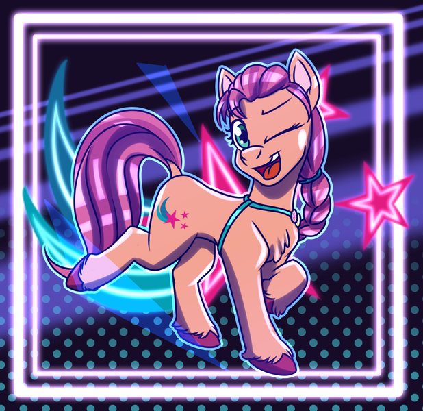 Size: 1235x1200 | Tagged: safe, artist:redahfuhrerking, derpibooru import, sunny starscout, pony, g5, image, one eye closed, png, solo, wink