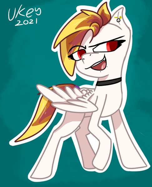 Size: 801x989 | Tagged: safe, artist:ukedideka, derpibooru import, oc, oc:lumen afterglow, pegasus, pony, alternate hairstyle, collar, ear piercing, eye clipping through hair, image, pegasus oc, piercing, png, sharp teeth, simple background, solo, standing, teeth, wings