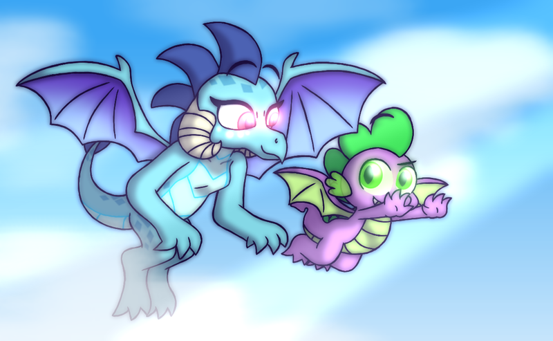 Size: 4800x2960 | Tagged: safe, artist:iceflower99, derpibooru import, princess ember, spike, dragon, image, png, sky, winged spike, wings