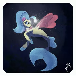 Size: 4096x4096 | Tagged: safe, artist:jearknds, derpibooru import, princess skystar, pony, seapony (g4), my little pony: the movie, bioluminescent, blue background, blue mane, dorsal fin, female, fin wings, fins, fish tail, flower, flower in hair, flowing mane, flowing tail, glow, image, jewelry, jpeg, necklace, ocean, pearl necklace, signature, simple background, smiling, solo, swimming, tail, underwater, water, wings