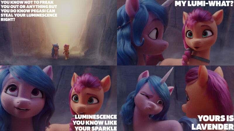 Size: 1280x720 | Tagged: safe, derpibooru import, edit, edited screencap, editor:quoterific, screencap, izzy moonbow, sunny starscout, earth pony, pony, unicorn, my little pony: a new generation, female, g5, image, jpeg, mare, one eye closed, open mouth