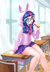 Size: 2672x3840 | Tagged: safe, artist:dstears, derpibooru import, twilight sparkle, human, bubble tea, classroom, clothes, cute, cutie mark, cutie mark on clothes, drink, drinking, glasses, hoodie, humanized, image, jpeg, skirt, sticker, twiabetes