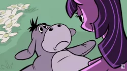 Size: 1280x720 | Tagged: safe, artist:jearknds, derpibooru import, donkey, pony, crossover, crossover shipping, eeyore, female, image, jpeg, lying down, mad (tv series), mad magazine, male, on back, shipping, straight, twiyore, winnie the pooh