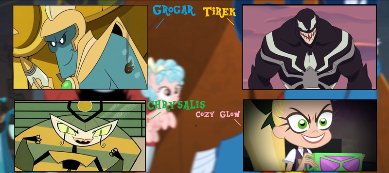 Size: 4840x2160 | Tagged: safe, artist:alvaxerox, derpibooru import, cozy glow, grogar, lord tirek, queen chrysalis, dc superhero girls, ducktales, image, lena luthor, lunaris, marvel, my life as a teenage robot, png, spider-man, venom, vexus