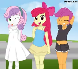 Size: 6799x6000 | Tagged: safe, artist:dtavs.exe, derpibooru import, apple bloom, scootaloo, sweetie belle, equestria girls, ;p, arm behind back, arm behind head, chipped tooth, clothes, cutie mark crusaders, eyes closed, female, grin, image, looking at you, one eye closed, open mouth, open smile, png, smiling, smiling at you, tongue out, tooth gap, wink, winking at you