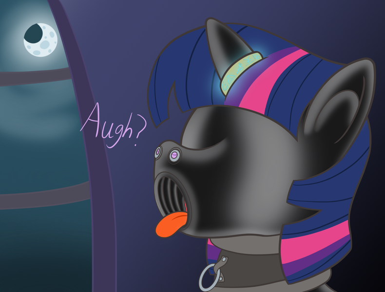 Size: 2048x1556 | Tagged: questionable, artist:wingcommanderrudoji, derpibooru import, part of a set, twilight sparkle, pony, unicorn, bdsm, bondage, collar, collar ring, ear plugs, eclipse, encasement, explicit description, female, femsub, full moon, gag, gimp suit, hood, horn, horn ring, image, imminent blowjob, imminent oral, imminent sex, implied futa, implied futa princess luna, implied princess luna, jewelry, latex, latex suit, lunadom, lunar eclipse, magic suppression, mare, moon, muffled words, nostrils, offscreen character, onomatopoeia, open mouth, png, posture collar, ring, ring gag, rubber suit, runes, sensory deprivation, slave, solo, solo female, story included, submissive, tongue out, twisub, unicorn twilight, window