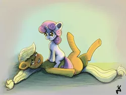 Size: 3531x2649 | Tagged: safe, artist:jearknds, derpibooru import, applejack, sweetie belle, earth pony, pony, unicorn, blushing, female, image, jpeg, lying down, on back, on top, personal space invasion, sitting on, smiling