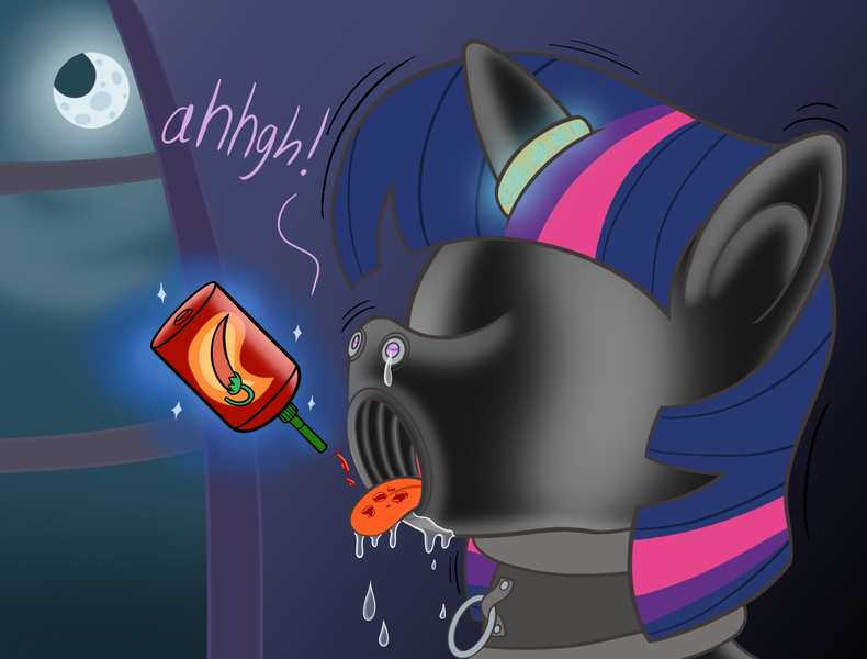 Size: 2048x1556 | Tagged: questionable, semi-grimdark, alternate version, artist:wingcommanderrudoji, derpibooru import, part of a set, twilight sparkle, pony, unicorn, abuse, bondage, bottle, collar, collar ring, drool, ear plugs, eclipse, encasement, female, femsub, full moon, gag, gimp suit, hood, horn, horn ring, hot sauce, image, implied princess luna, jewelry, latex, latex suit, levitation, lunadom, lunar eclipse, magic, magic aura, magic suppression, mare, moon, muffled moaning, nostrils, offscreen character, onomatopoeia, open mouth, png, posture collar, ring, ring gag, rubber suit, runes, sensory deprivation, slave, snot, solo, solo female, squirming, story included, submissive, telekinesis, tongue out, torture, twilybuse, twisub, unicorn twilight, window