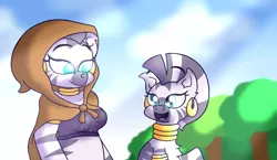 Size: 3300x1911 | Tagged: safe, artist:iceflower99, derpibooru import, zecora, anthro, zebra, anthro ponidox, breasts, busty zecora, image, open mouth, open smile, png, self ponidox, smiling
