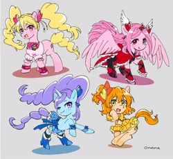 Size: 1129x1036 | Tagged: safe, artist:5mmumm5, derpibooru import, ponified, earth pony, pegasus, pony, unicorn, anime, clothes, cure berry, cure passion, cure peach, cure pine, eas (fresh precure), fresh precure, fresh pretty cure, image, inori yamabuki, jpeg, love momozono, miki aono, one eye closed, open mouth, pigtails, precure, pretty cure