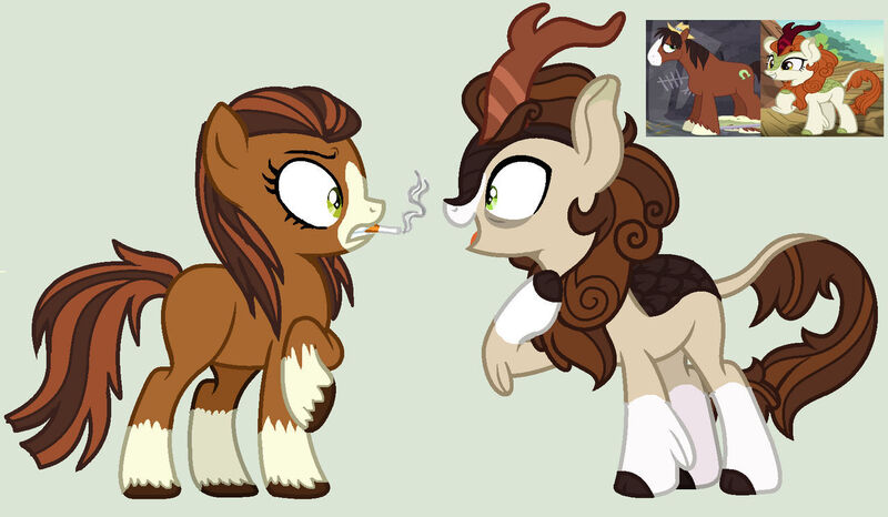 Size: 1280x745 | Tagged: safe, artist:angellight-bases, artist:venomtwt-artistowo, derpibooru import, screencap, autumn blaze, trouble shoes, oc, kirin, pony, base used, character design, cigarette, female, image, jpeg, offspring, parent:autumn blaze, parent:trouble shoes, shipping, simple background, smoking