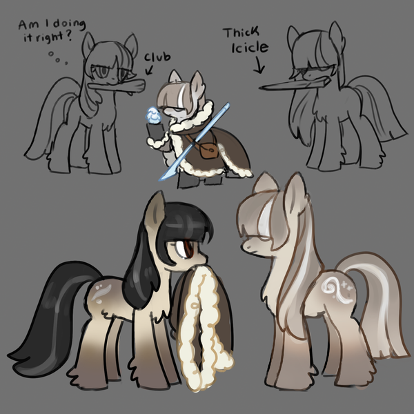 Size: 1500x1500 | Tagged: safe, artist:marbo, ponybooru import, oc, oc:cold shoulder, oc:ice elation, unofficial characters only, pony, taiga pony, /mlp/, bangs, chest fluff, clothes, club, coat, coat markings, crystal pinecone, female, fluffy, gray background, hoof fluff, ice spear, image, looking at each other, pale belly, pinecone, png, reference sheet, siblings, simple background, sisters, socks (coat marking), spear, weapon